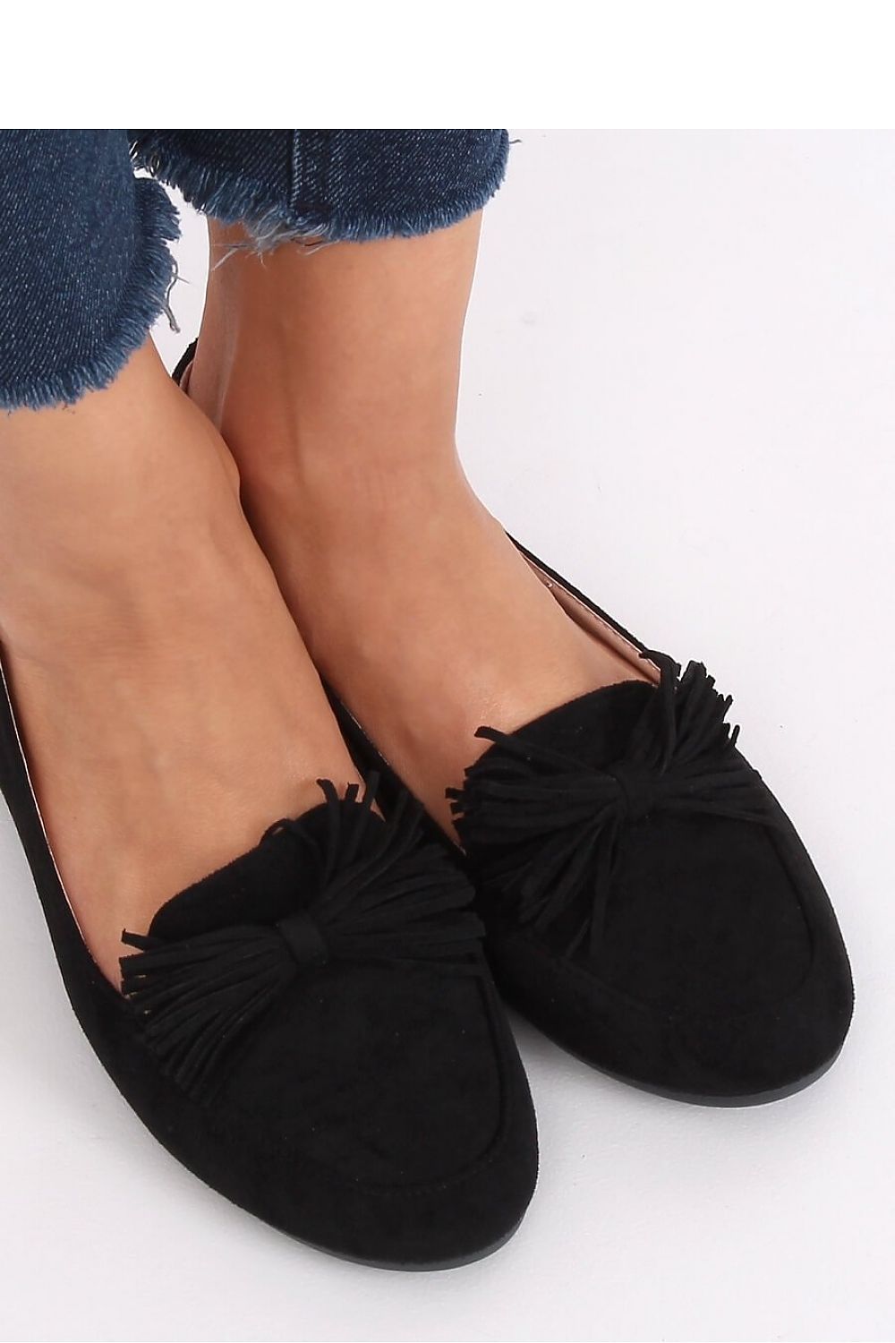 Black Eco-Suede Women’s Loafers with Oversized Fringe Bow
