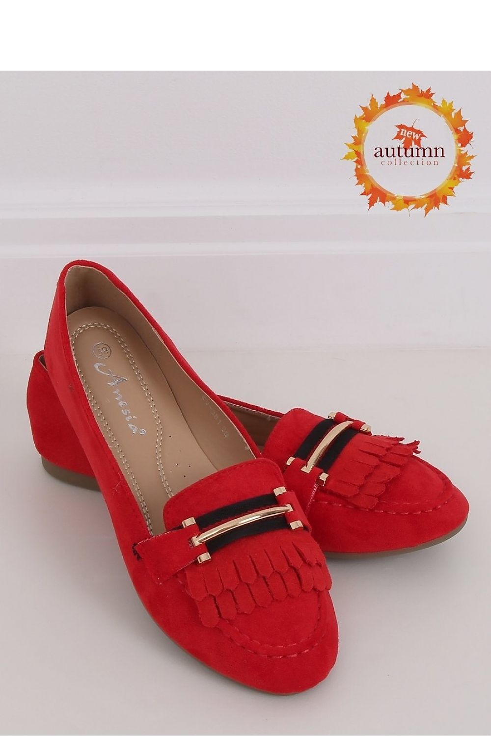 Red Eco-Suede Loafers for Women – Fringe Slip-Ons with Gold and Black Accent