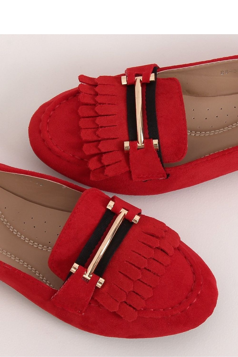 Red Eco-Suede Loafers for Women – Fringe Slip-Ons with Gold and Black Accent