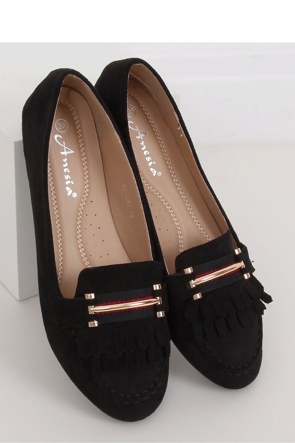 Black Organic Suede Women's Loafers – Almond Toe with Fringed Vamp and Gold Bit