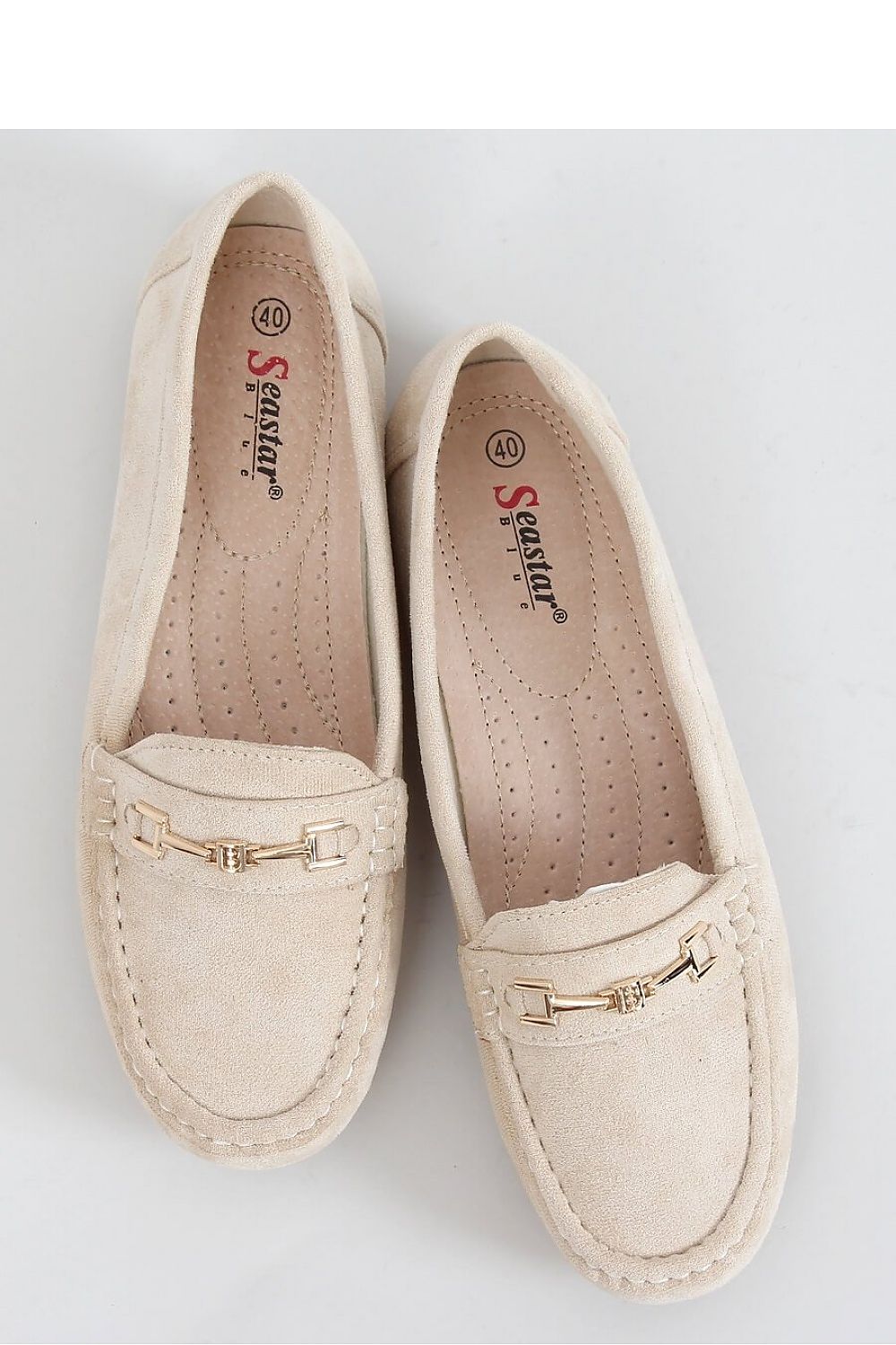 Ivory Eco-Suede Loafers with Gold Bit Detail and Cushioned Insole