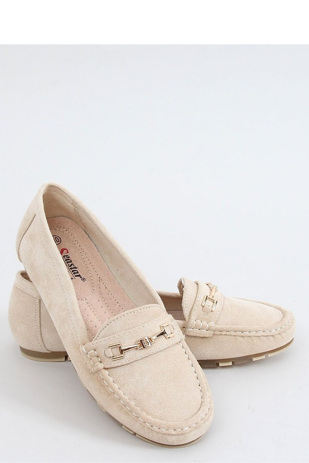 Ivory Eco-Suede Loafers with Gold Bit Detail and Cushioned Insole