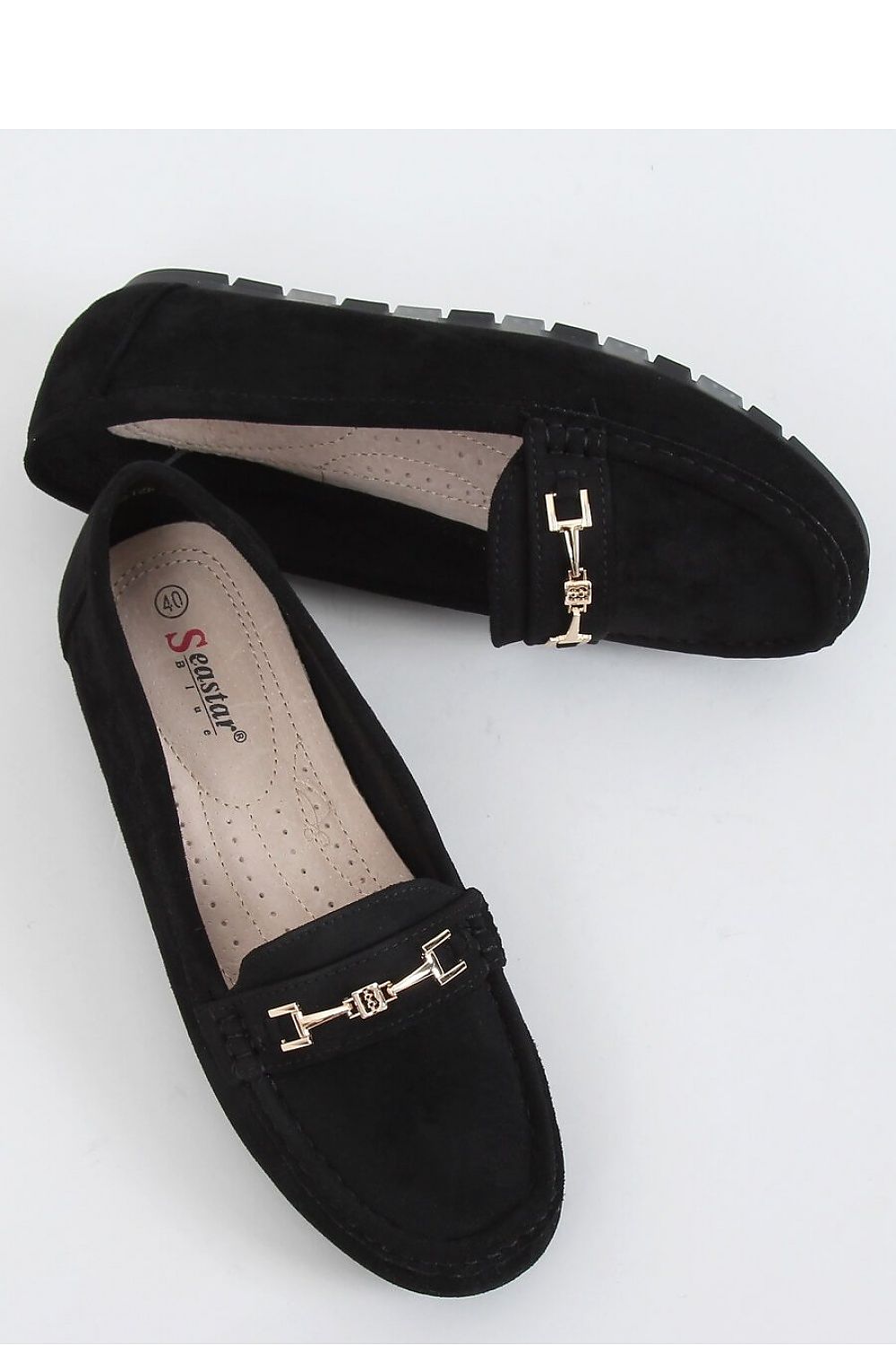 Black Eco-Suede Women’s Moccasin Loafers with Gold Bar Bit Detail