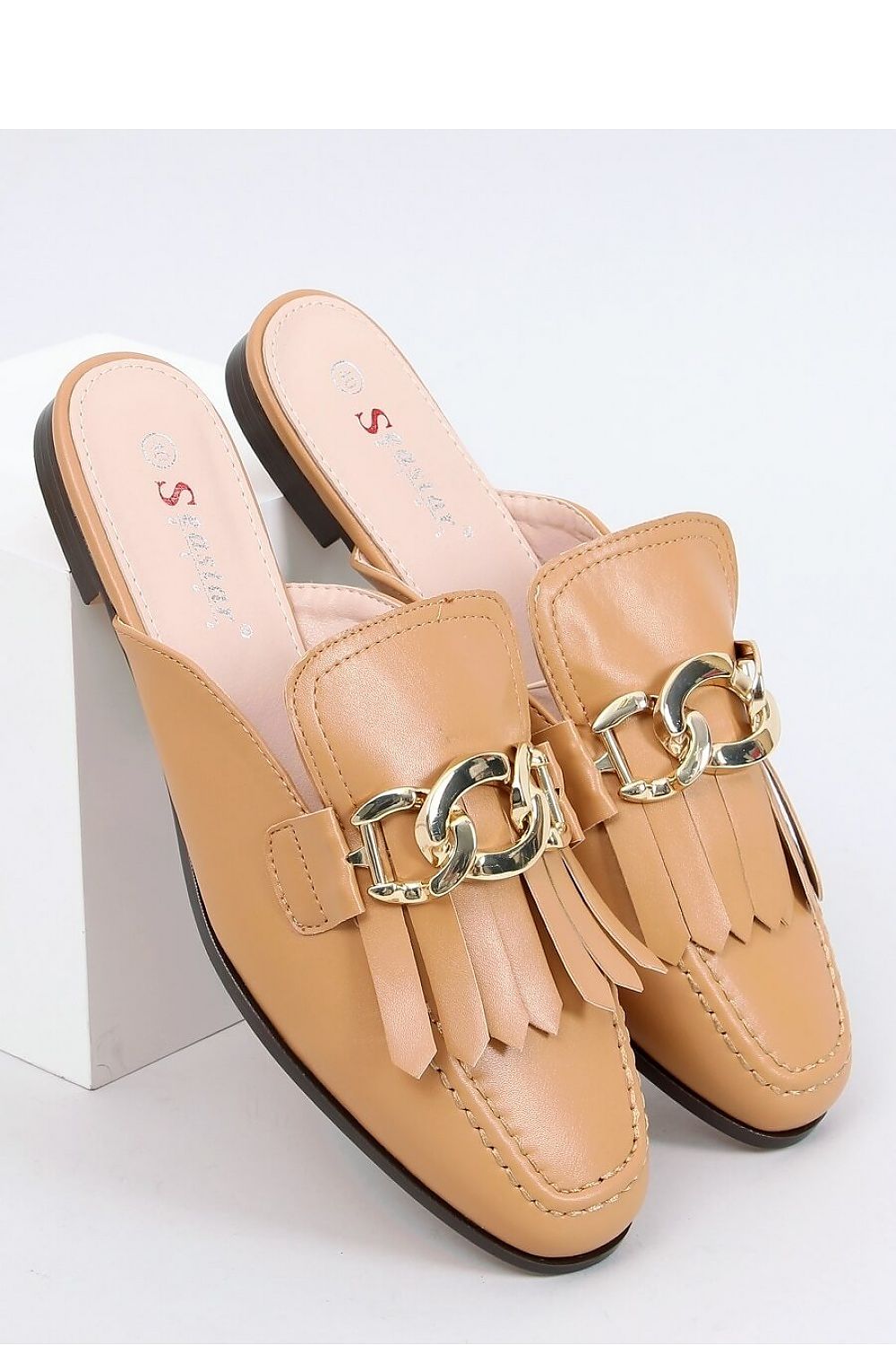 Tan Eco-Leather Mules for Women – Square-Toe Fringe Slides with Gold Chain