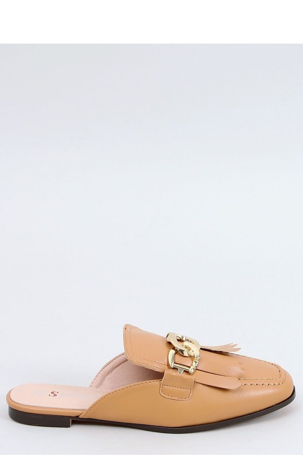Tan Eco-Leather Mules for Women – Square-Toe Fringe Slides with Gold Chain