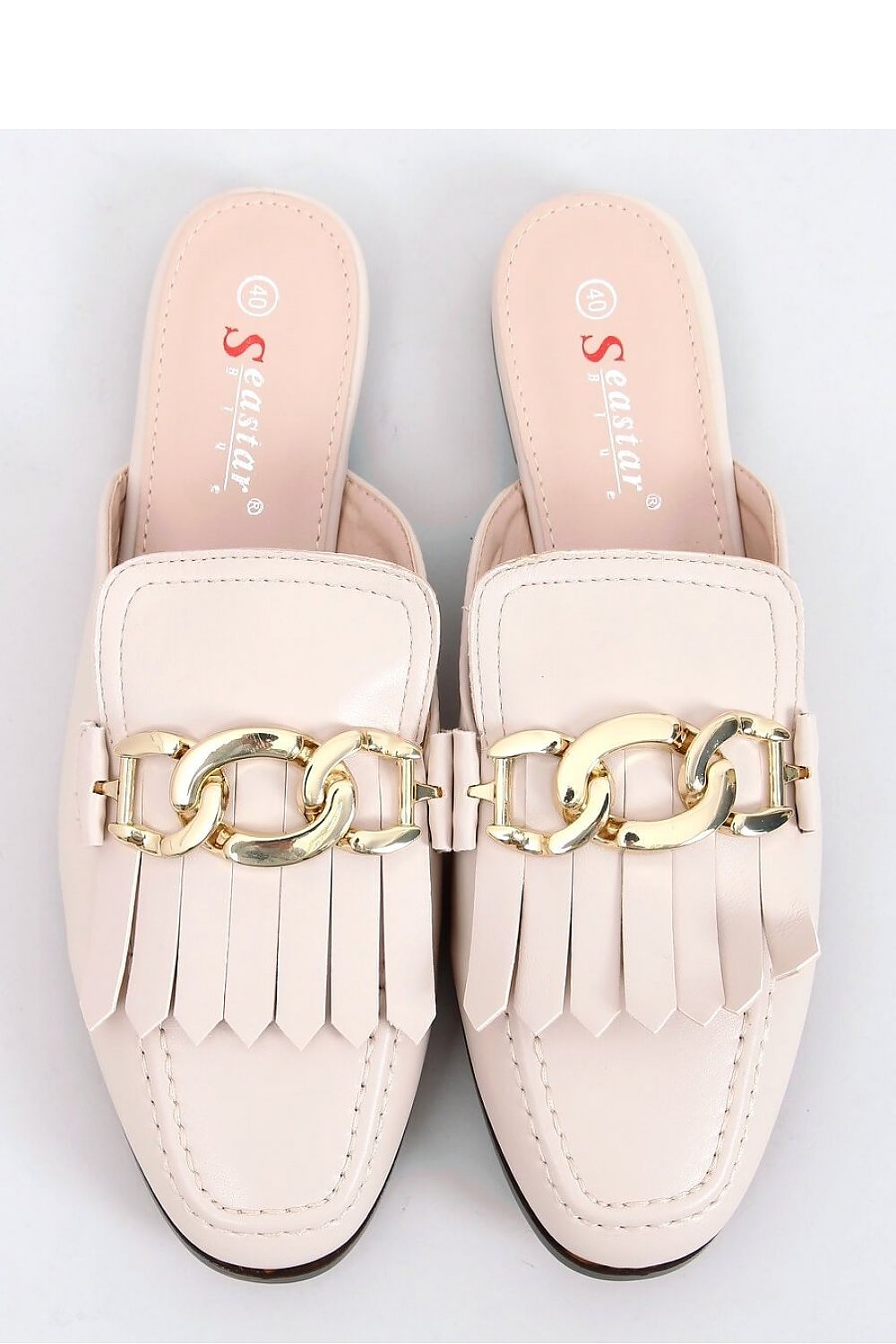 Blush Eco-Leather Womens Mules – Fringed Detail with Gold Figaro Chain