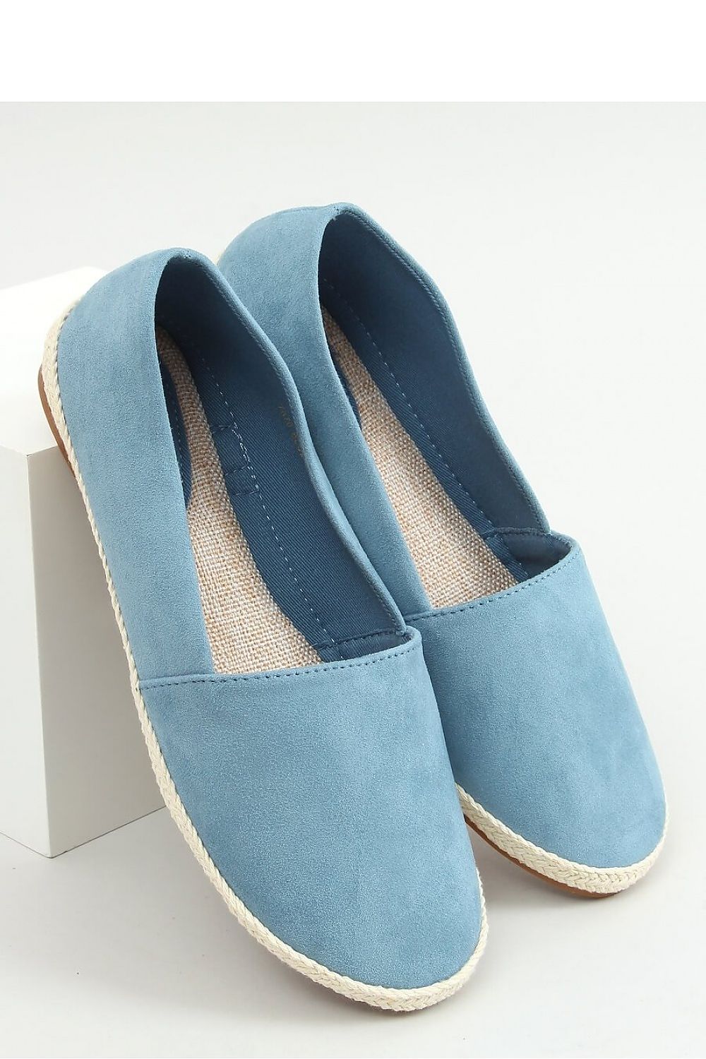 Dusty Blue Eco-Suede womens Espadrille Flats with Woven Insole & Natural Trim LUNESCAPE