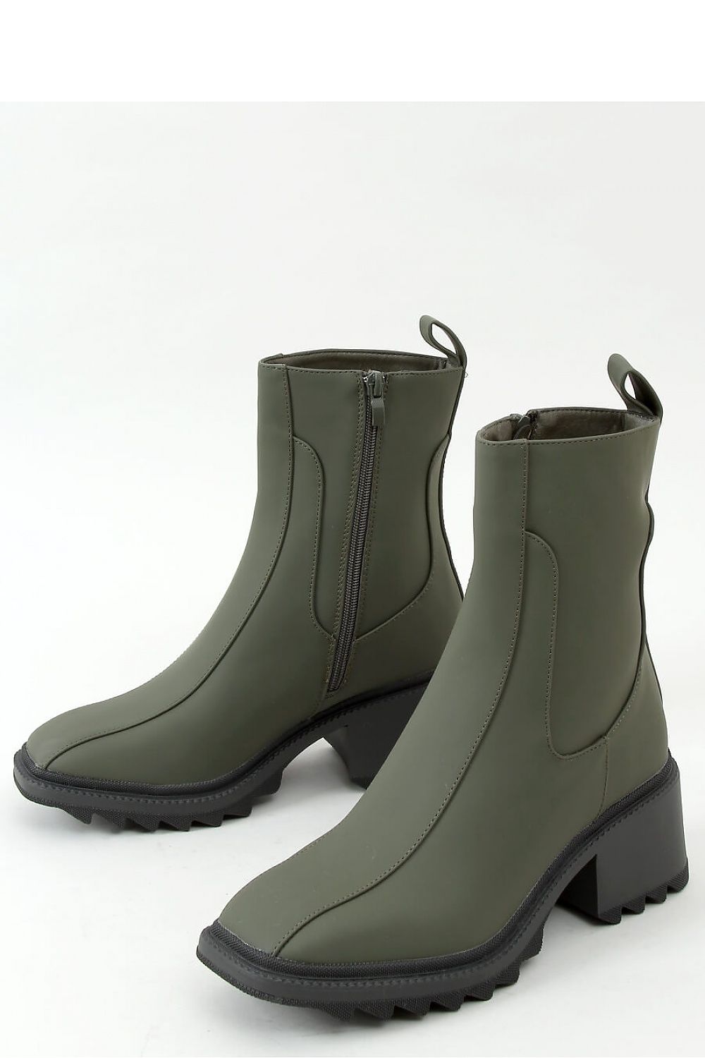 Olive Leather Chunky Heel Y2K Chelsea Boots with Serrated Sole
