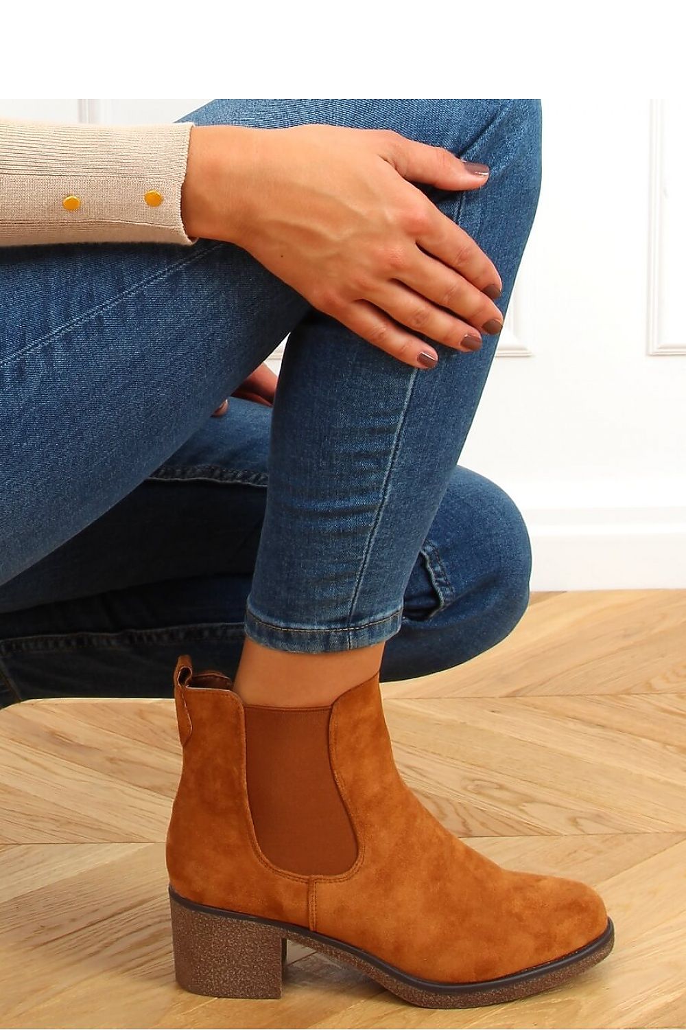 Brown Nubuck Almond Toe Double-Stitched Chelsea Boot with Block Mid-Heel