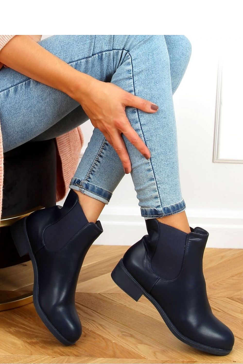 Navy Blue Leather Chelsea Boots with Low Block Heel & Almond Toe for Women