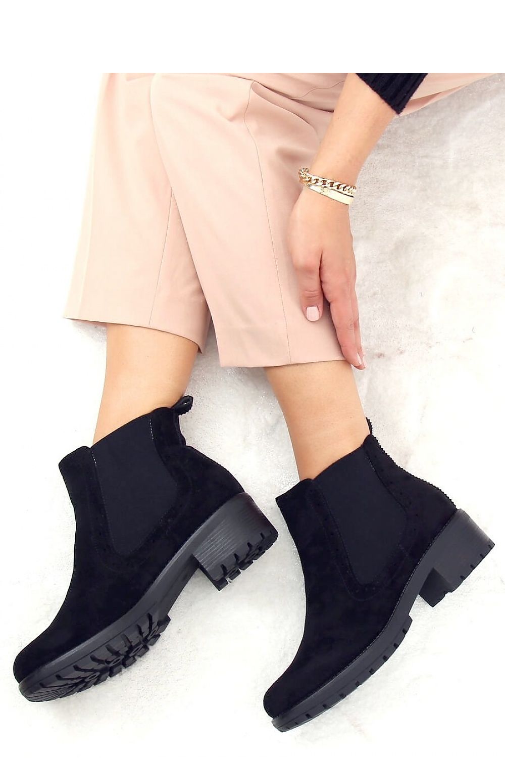 Chunky Heel Black Suede Chelsea Boot with Breathable Side Panels for Women