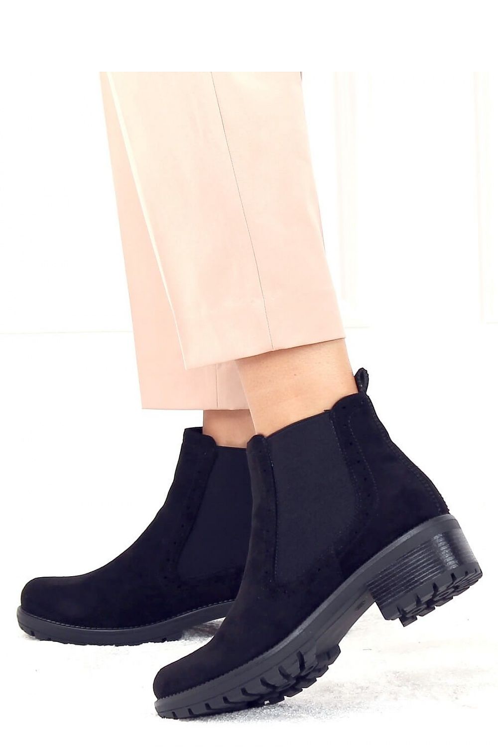 Chunky Heel Black Suede Chelsea Boot with Breathable Side Panels for Women