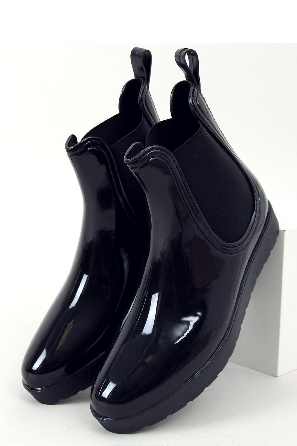 Sleek Black Waterproof Patent Finish Rubber Chelsea Rain Boots for Women