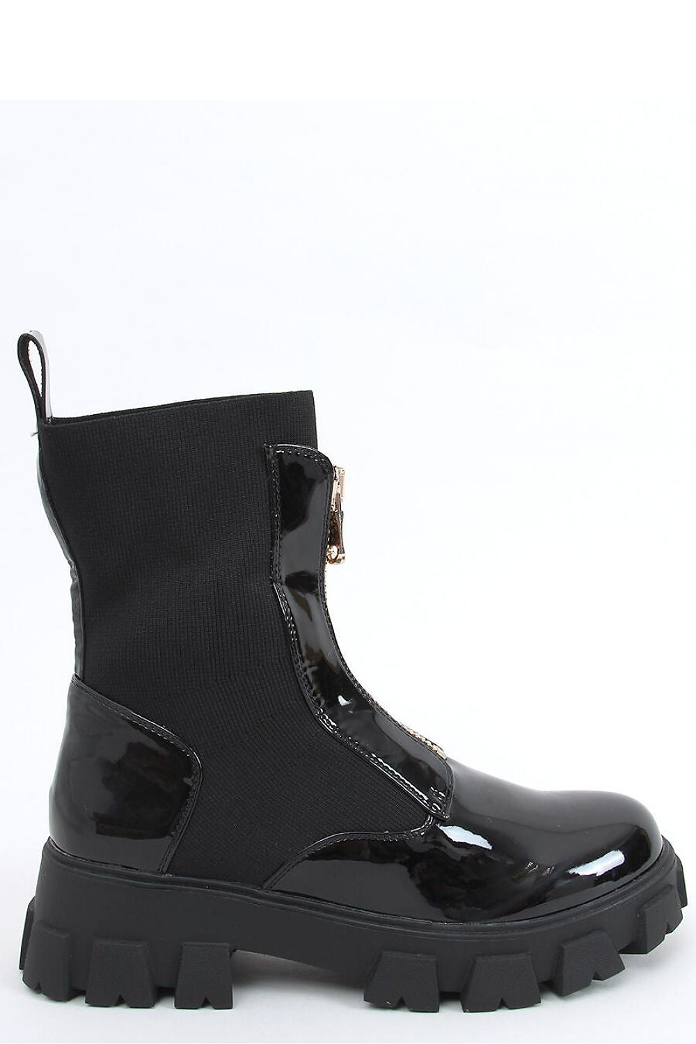 Black Patent Leather Chunky Sole Chelsea Boot with Gold Zipper Detail