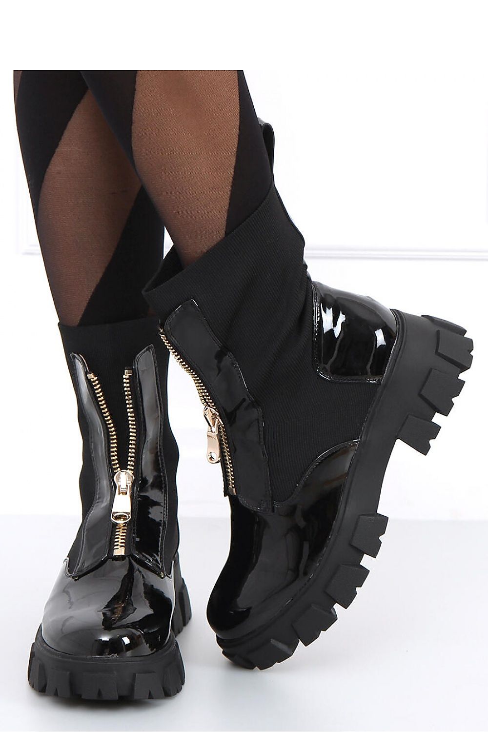 Black Patent Leather Chunky Sole Chelsea Boot with Gold Zipper Detail