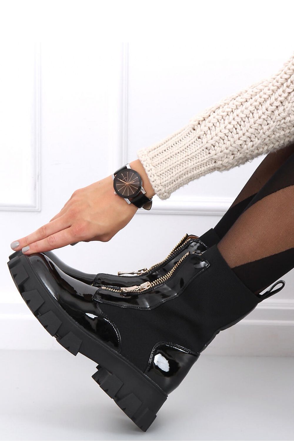 Black Patent Leather Chunky Sole Chelsea Boot with Gold Zipper Detail