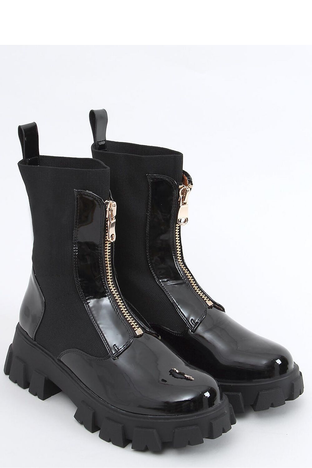 Black Patent Leather Chunky Sole Chelsea Boot with Gold Zipper Detail