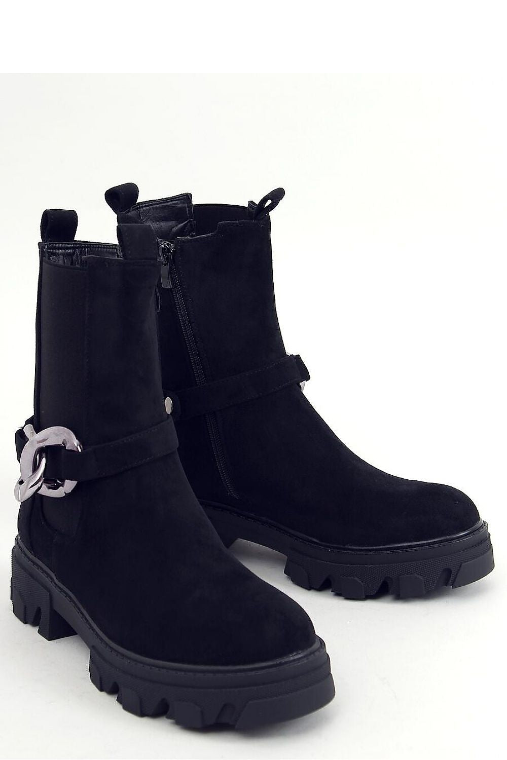 Chunky Platform Black Suede Chelsea Boot with Oversize Silver Statement Chain