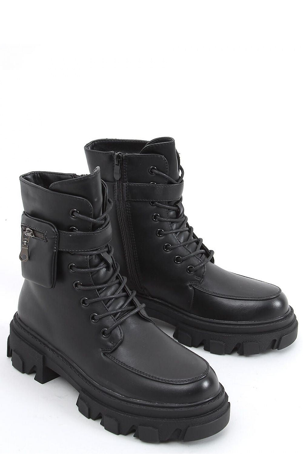 High-Top All Black Leather Womens Combat Boots with Ankle Strap & Coin Pouch LUNESCAPE