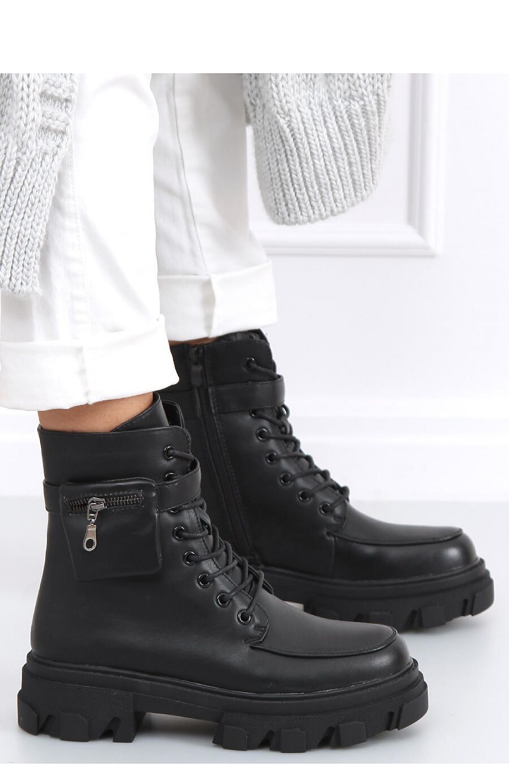 High-Top All Black Leather Womens Combat Boots with Ankle Strap & Coin Pouch LUNESCAPE