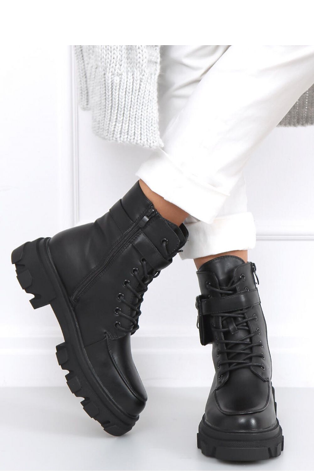 High-Top All Black Leather Womens Combat Boots with Ankle Strap & Coin Pouch LUNESCAPE