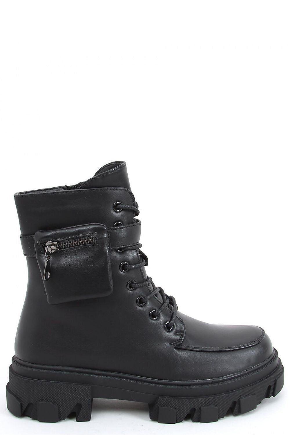 High-Top All Black Leather Womens Combat Boots with Ankle Strap & Coin Pouch LUNESCAPE
