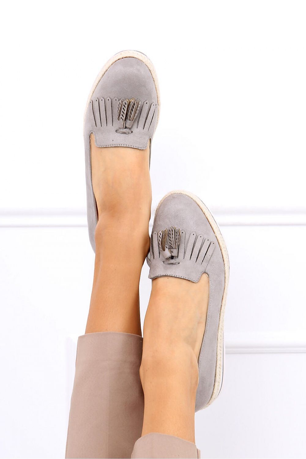 Grey Eco-Suede Loafers with Fringe Tassel and Espadrille Sole