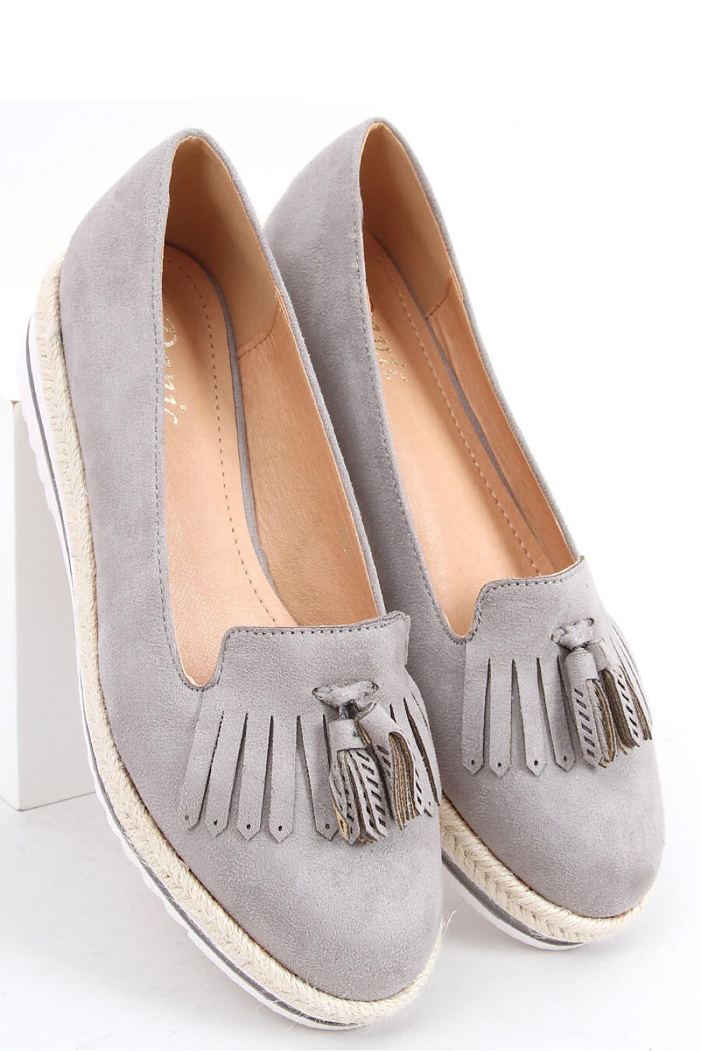 Grey Eco-Suede Loafers with Fringe Tassel and Espadrille Sole