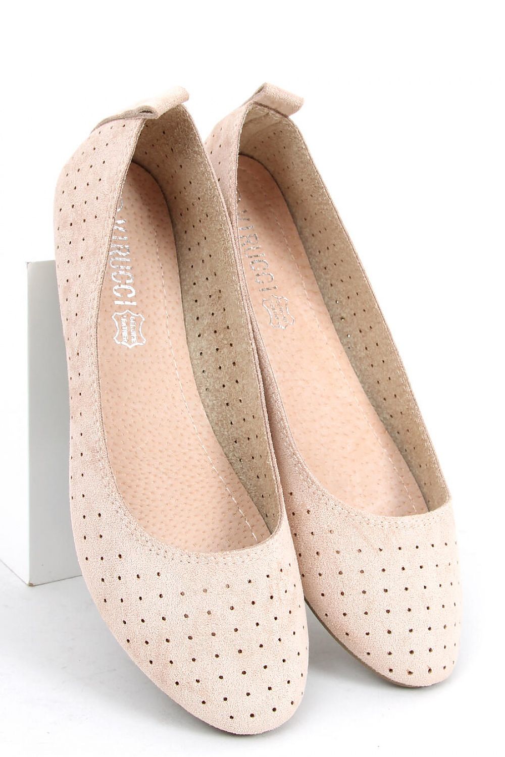 Charming Beige Suede Ballerina Flats with Polka-Dot Cutwork