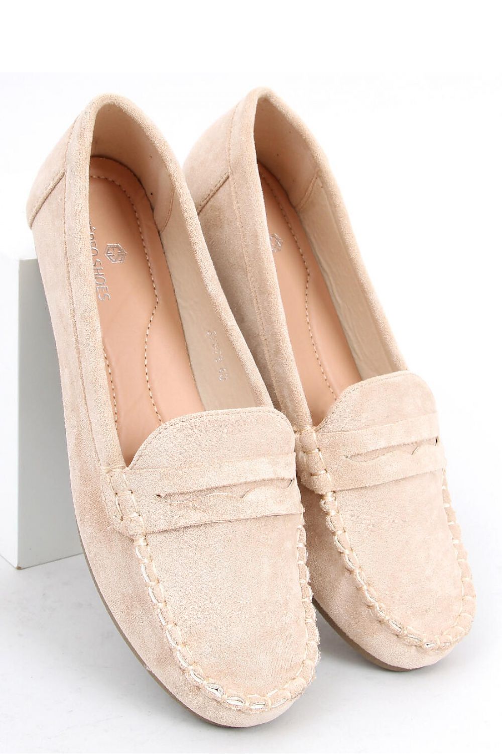 Beige Eco-Suede Women’s Moccasin Loafers with Hand-Stitched Detailing