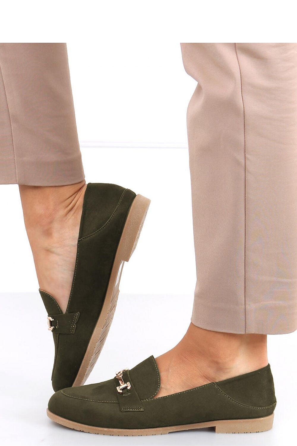 Olive Green Vegan Suede Loafers – Women's Almond Toe with Metal Bit Accent