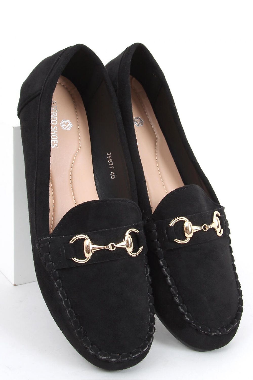 Black Vegan Suede Loafers – Women's Round Toe with Gold Horsebit Accent
