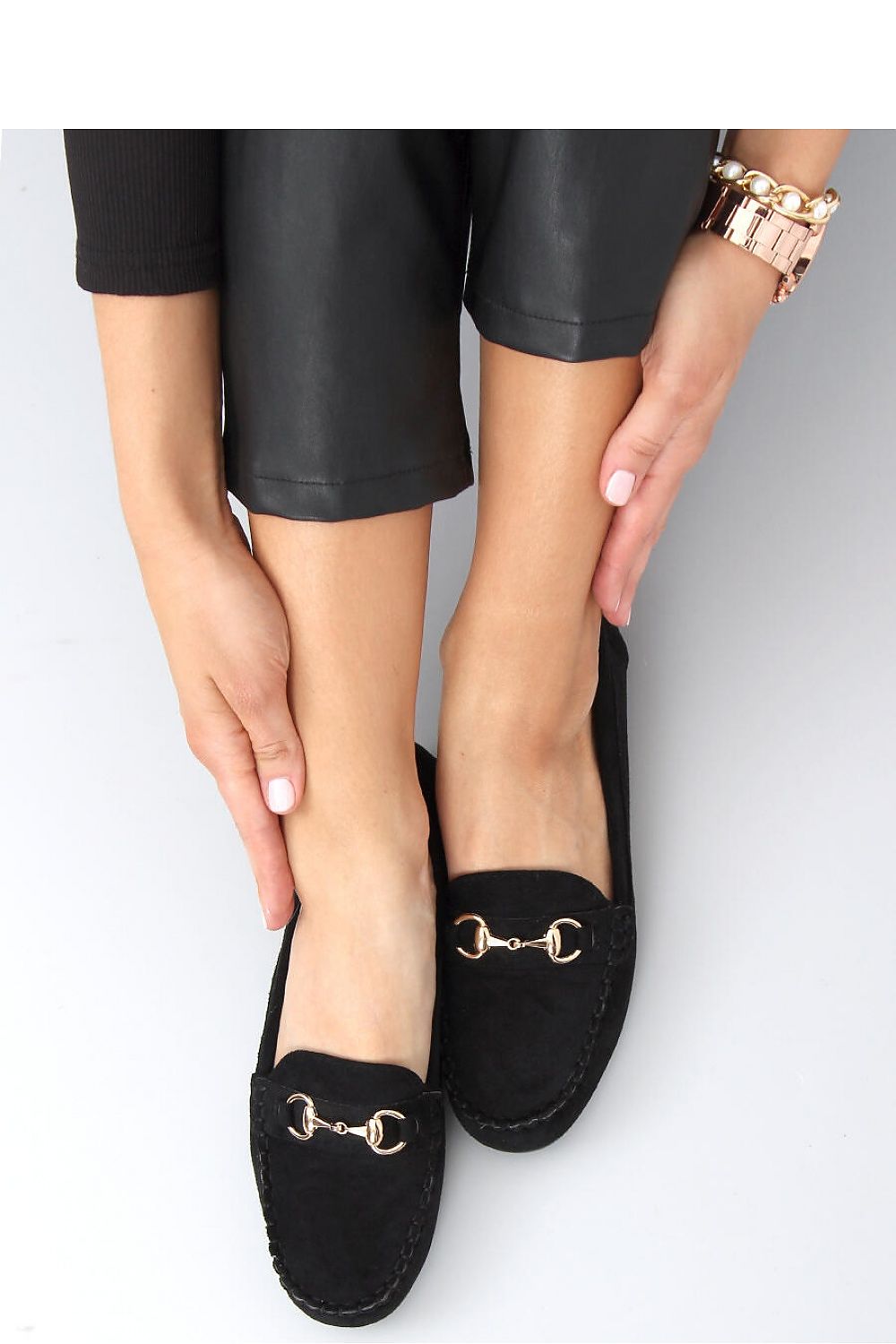Black Vegan Suede Loafers – Women's Round Toe with Gold Horsebit Accent