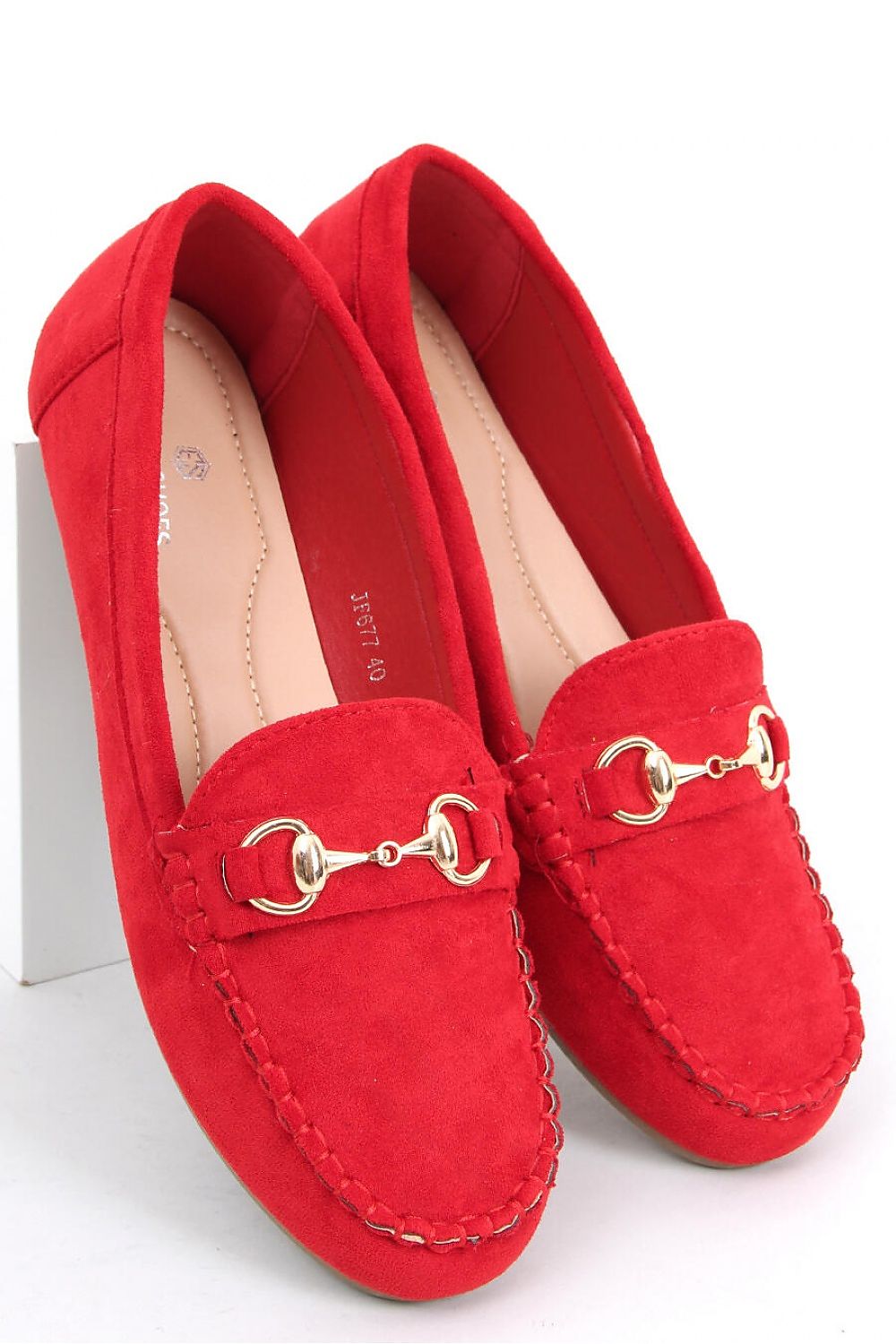 Red Vegan Suede Loafers – Women's Round Toe with Gold Horsebit Detail