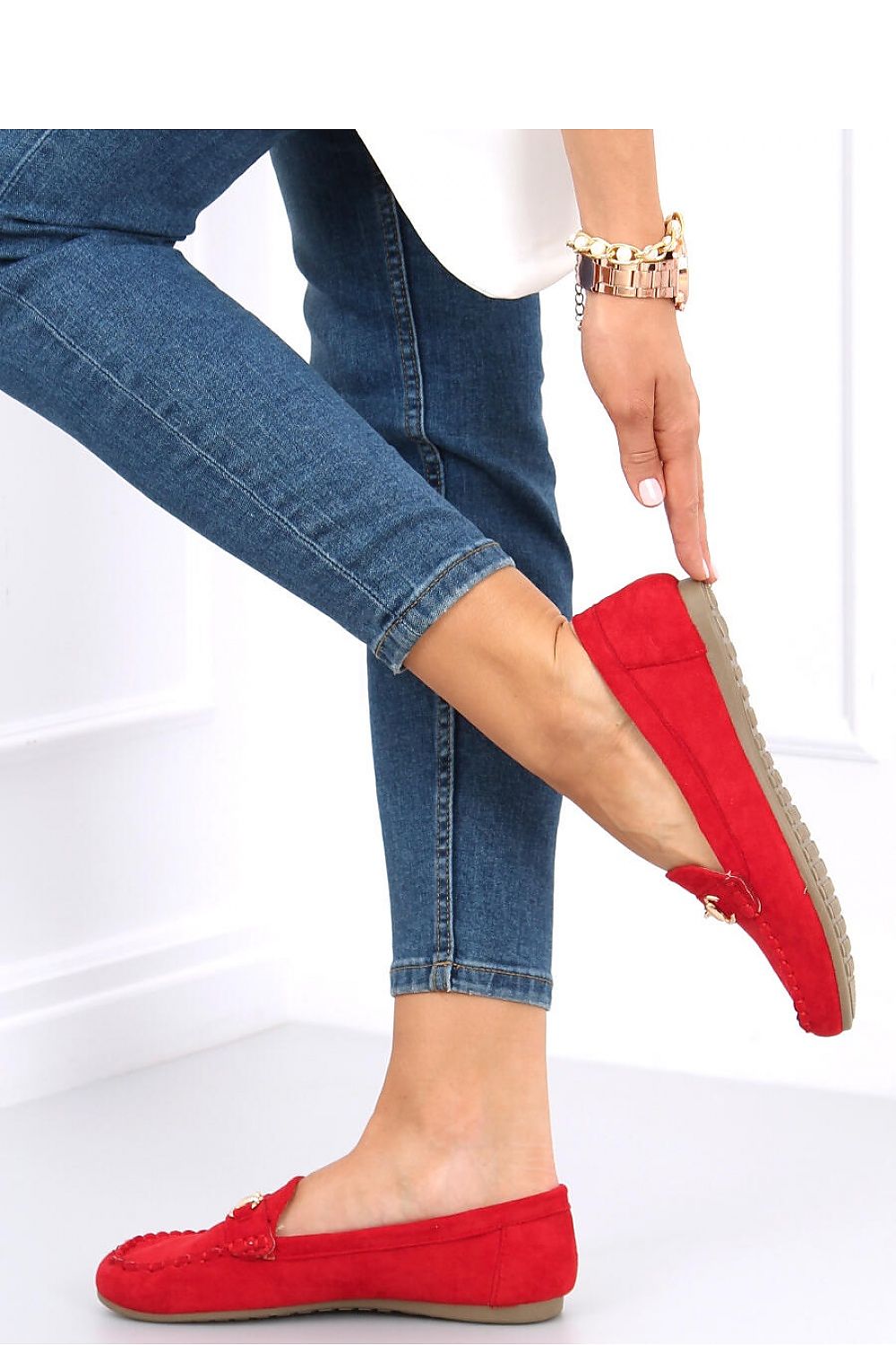 Red Vegan Suede Loafers – Women's Round Toe with Gold Horsebit Detail