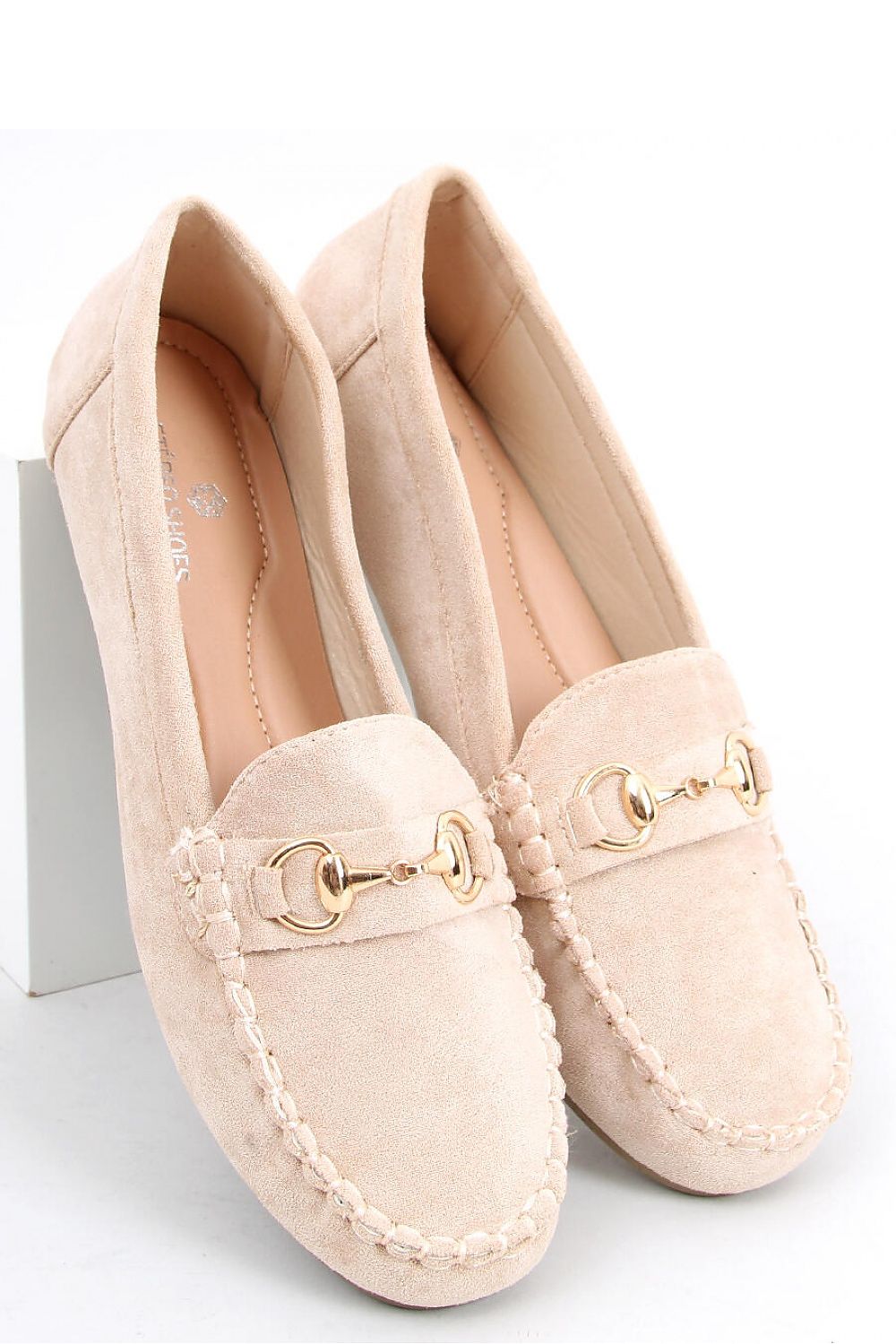 Beige Eco-Suede Loafers for Women – Moc Toe with Gold Horsebit Accent