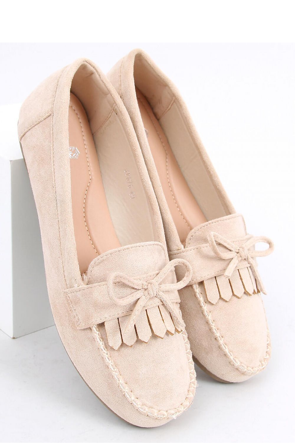 Beige Eco-Suede Women’s Loafers with Fringe and Bow