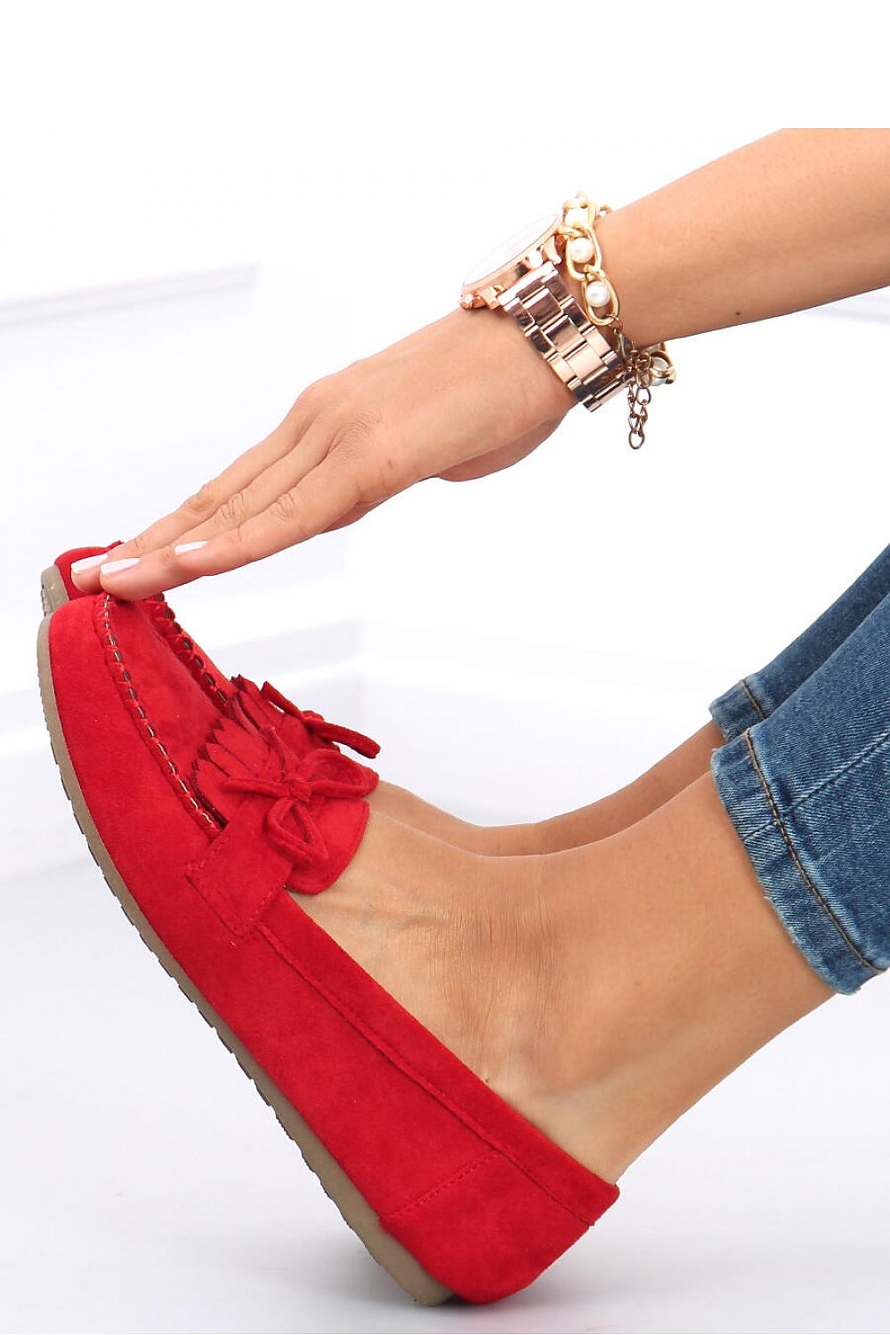 Red Eco-Suede Moccasin Loafers with Fringe and Bow Detail