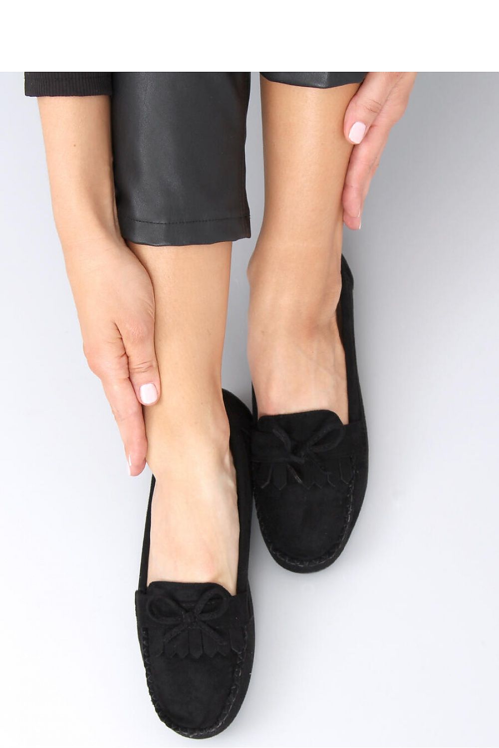 Black Eco-Suede Women’s Loafers with Fringe and Bow