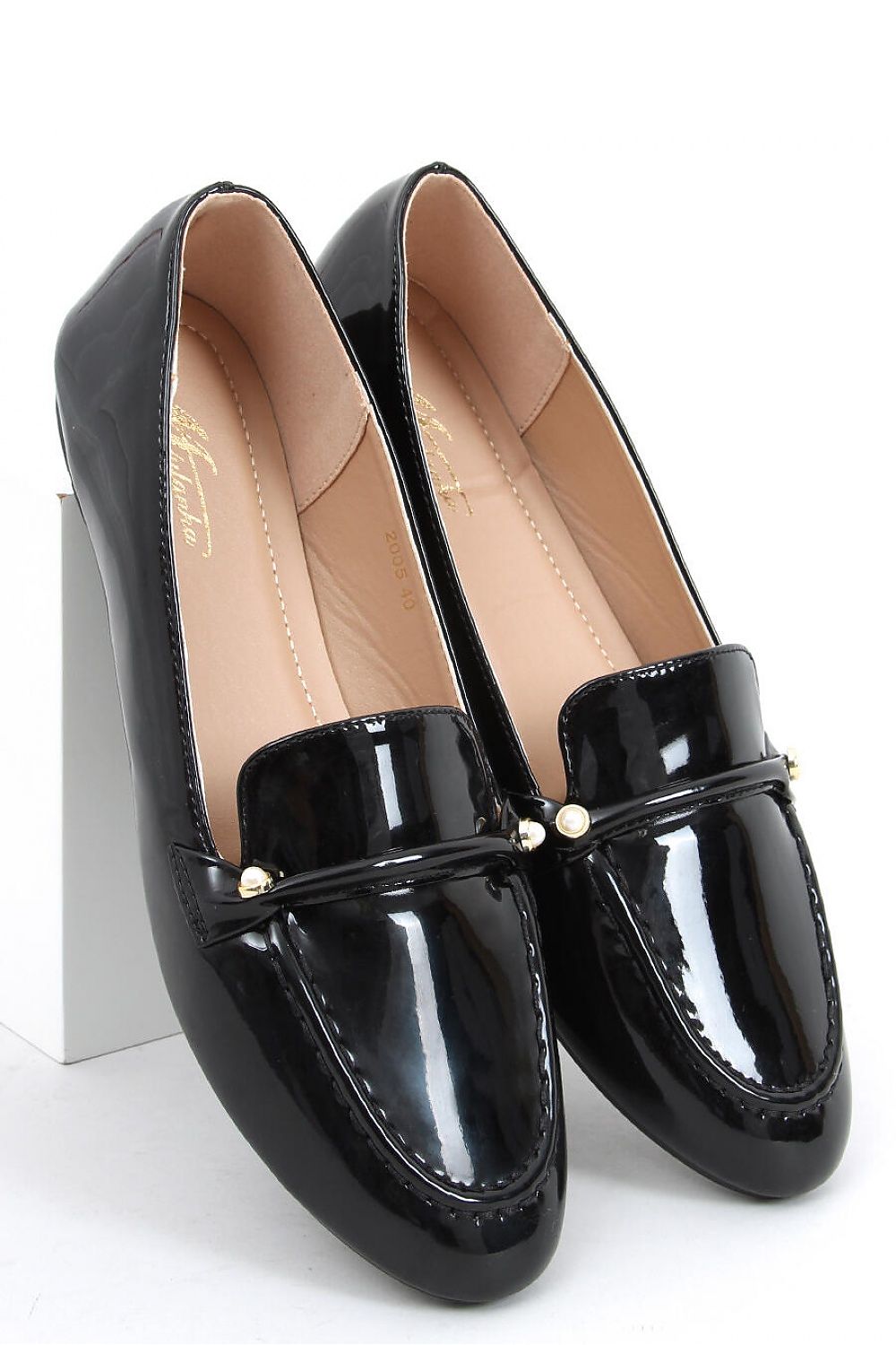 Black Patent Women’s Loafers with Gold-Tone Pearl Bar