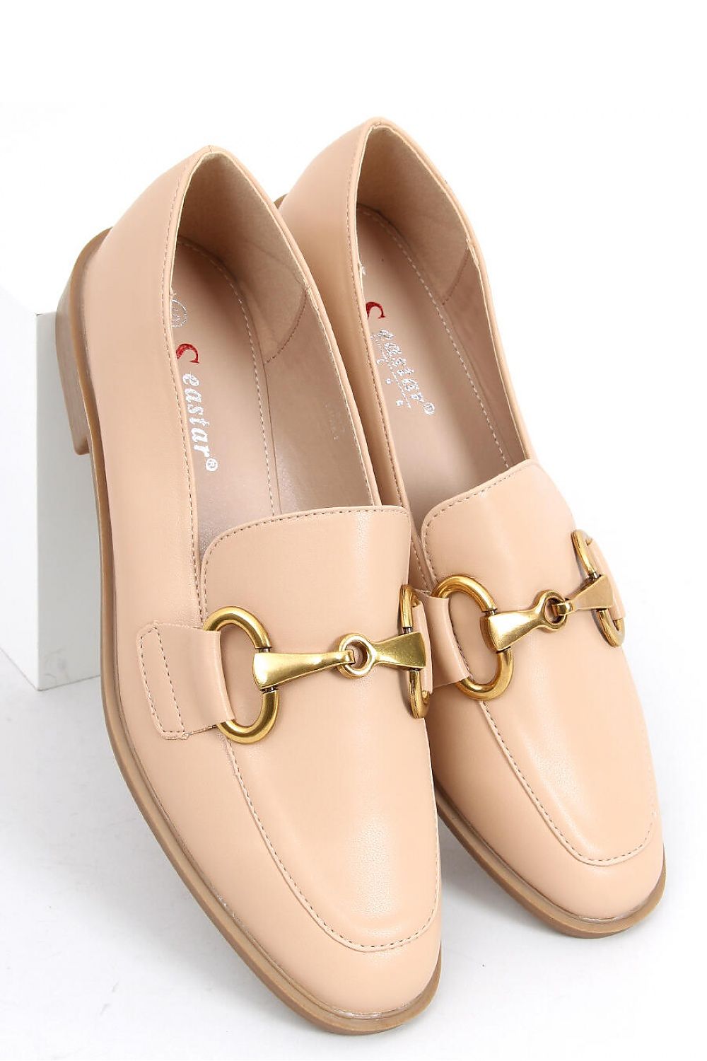 Beige Vegan Leather Loafers – Women's Almond Toe with Gold Horsebit Accent