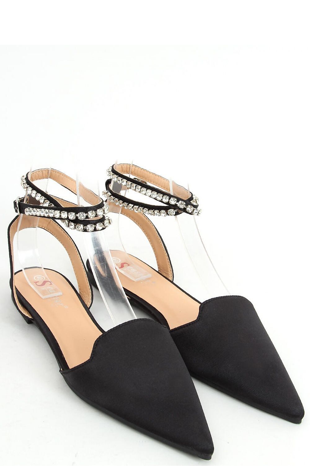 Black Pointed-Toe Crystal Ankle Strap Ballerina Flats