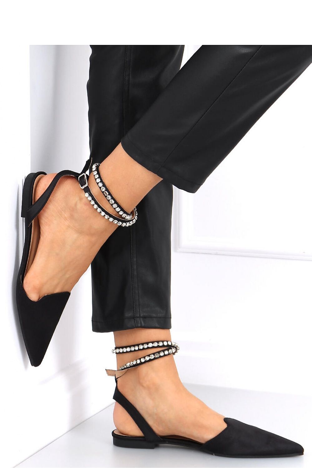 Black Pointed-Toe Crystal Ankle Strap Ballerina Flats