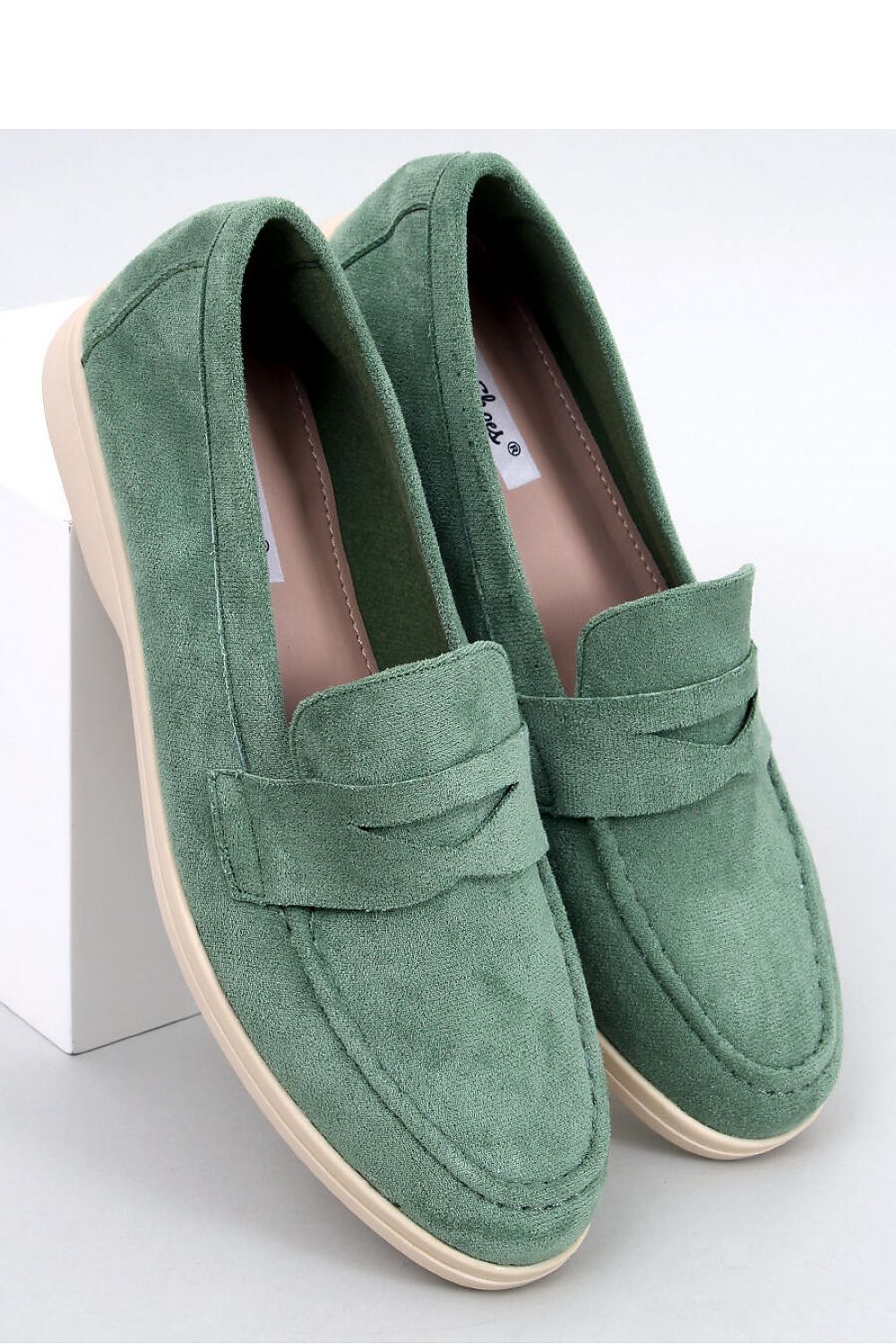 Sage Green Eco-Suede Penny Loafers with Lightweight Cream Sole LUNESCAPE