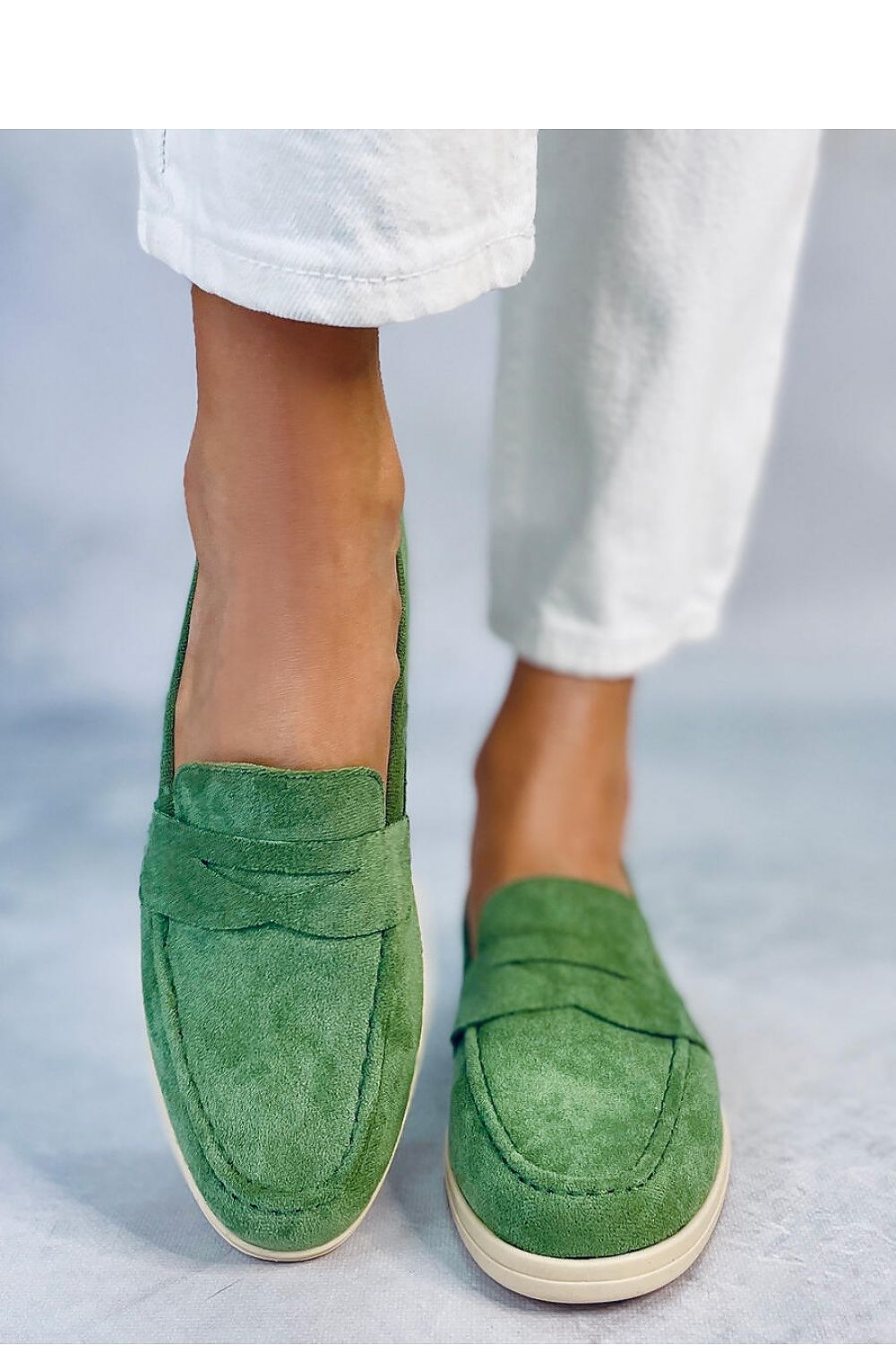 Sage Green Eco-Suede Penny Loafers with Lightweight Cream Sole LUNESCAPE