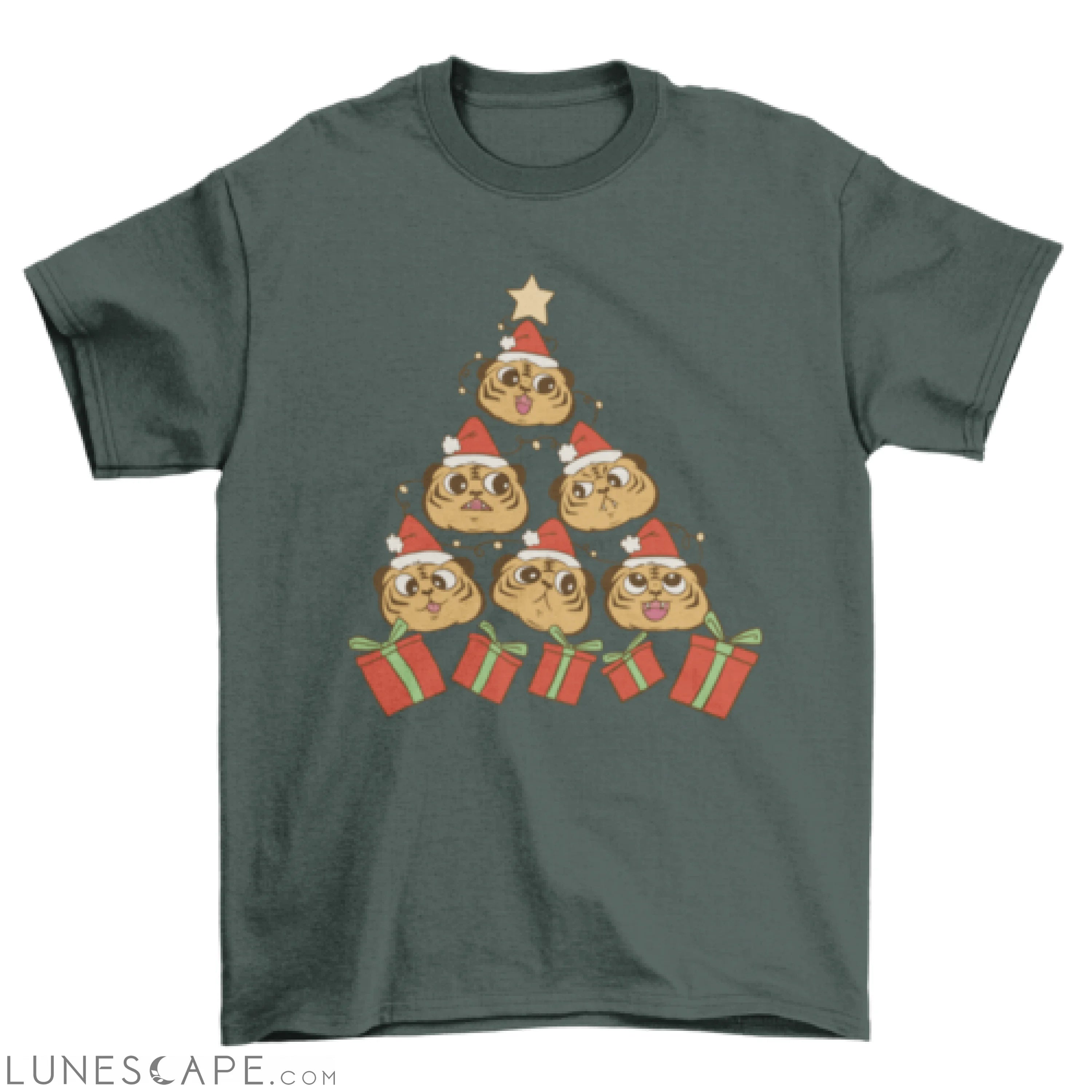 Cute tigers with Santa Claus hats making Xmas tree holiday t-shirt LUNESCAPE