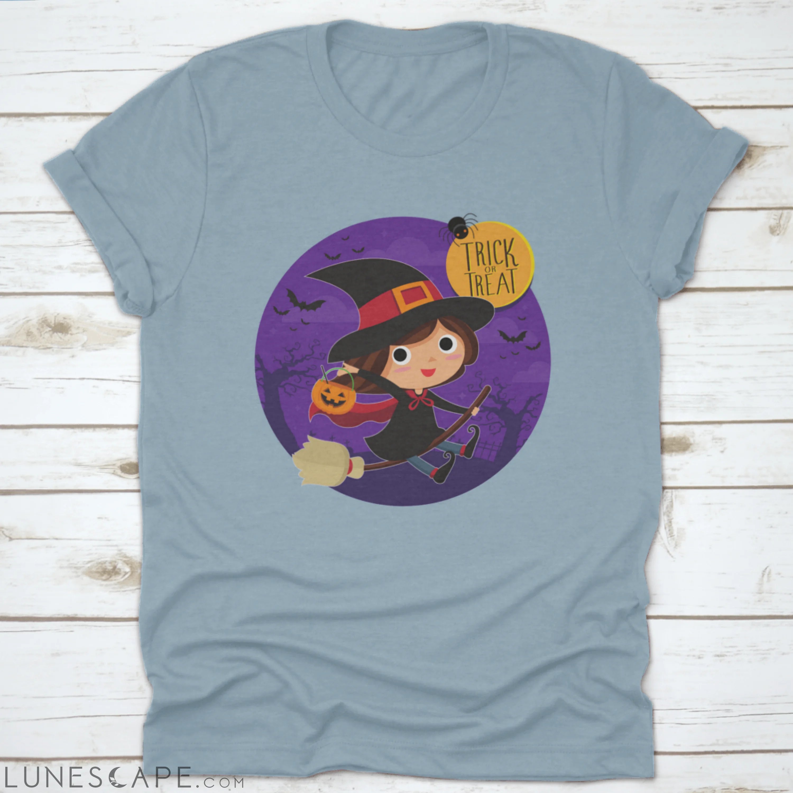 Cute Witch On Broom Vector Cartoon Illustration Shirt Design LUNESCAPE