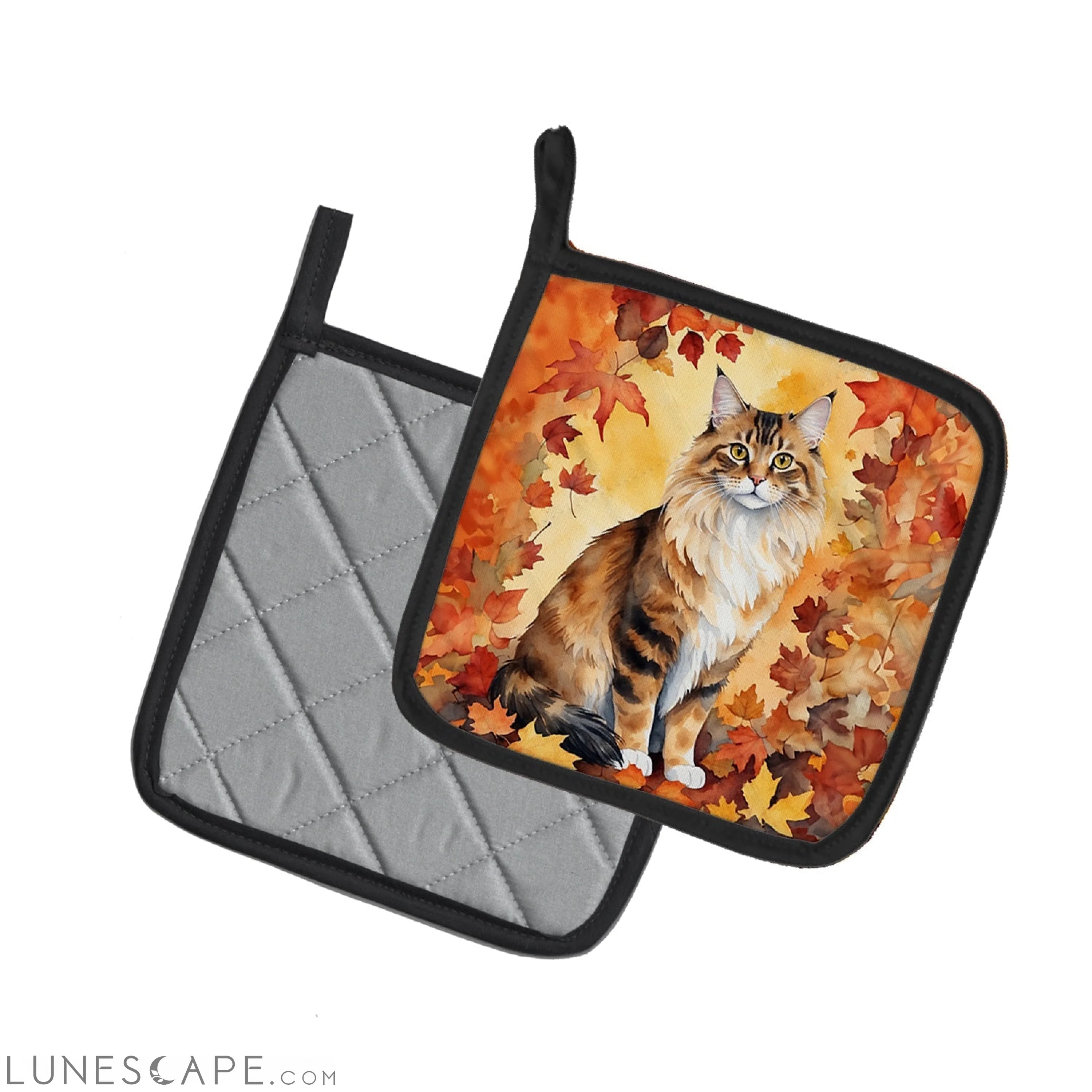 Cymric Cat in Fall Leaves Pair of Pot Holders LUNESCAPE