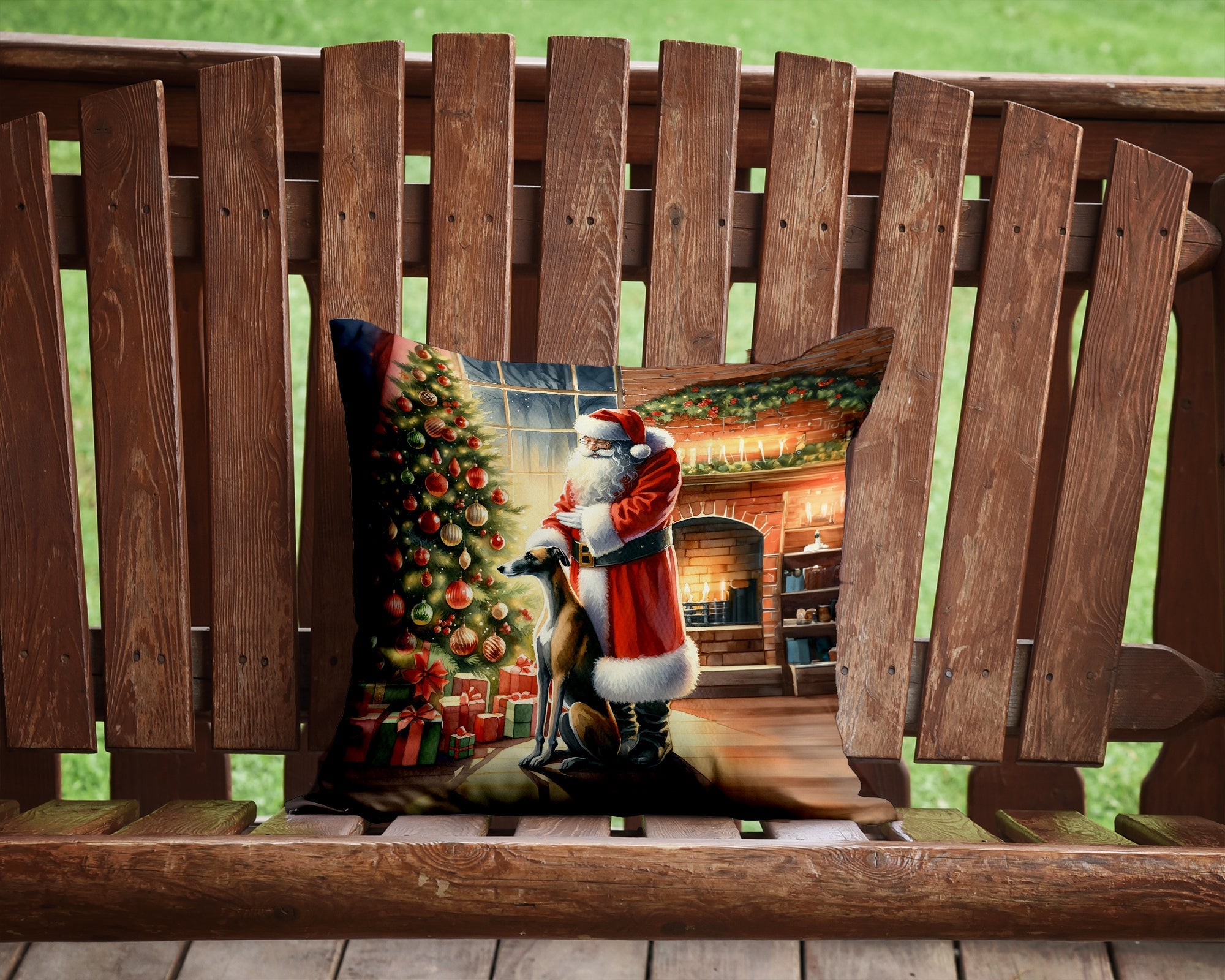 Greyhound and Santa Claus Throw Pillow LUNESCAPE