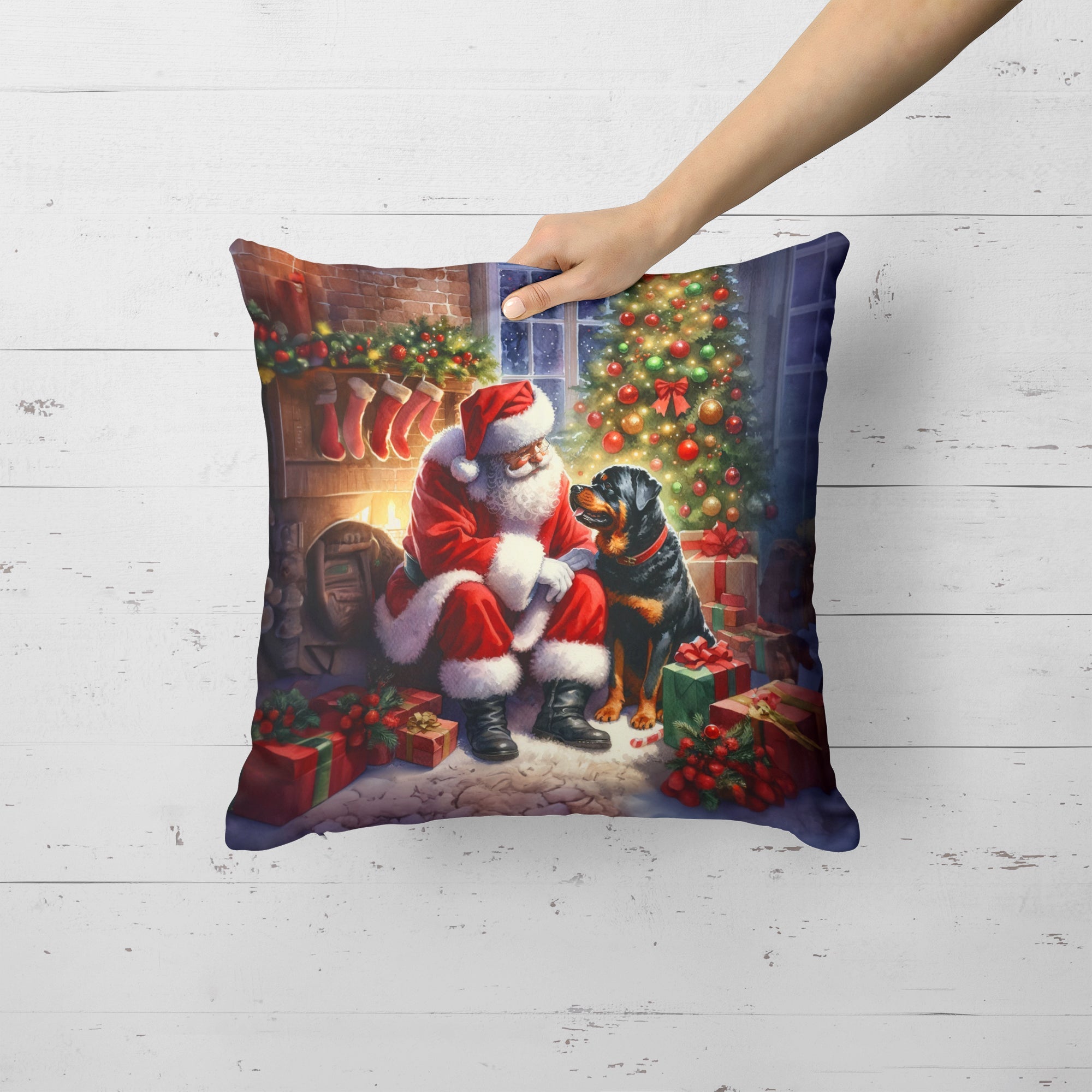 Rottweiler and Santa Claus Throw Pillow LUNESCAPE